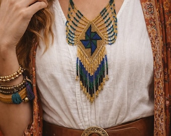 Vintage Beaded Fringe Necklace | Boho Statement Necklace | Tribal Style Beadwork | Blue Green Gold Bib Necklace | Festival Jewelry