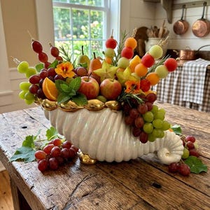 Vintage Iridescent Cornucopia Vase | Gold Trim Ceramic Horn of Plenty | Thanksgiving Decor | Fall Centerpiece Bowl | Vintage Harvest Display