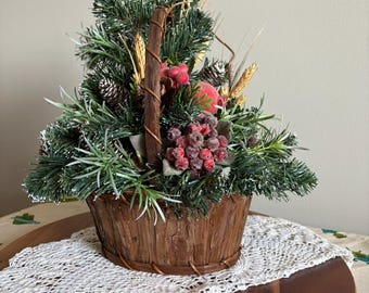 Vintage Holiday Table Centerpiece | Rustic Faux Pine Basket