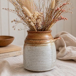 Studio Pottery Vase Brown Gray Glaze | Vintage Ceramic Vessel | One Handle Rustic Pot | Neutral Decor Accent | Handmade Style Vase