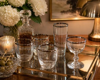 Vintage Silver Rim Glassware Set | Mid Century Barware Collection, Cocktail Dessert Glasses