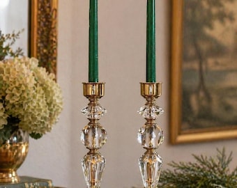 Brass Crystal Candlesticks Pair | Vintage Taper Holders | Elegant Table Decor | Hollywood Regency Style
