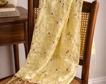 Rocchi Firenze Italy Scarf | Yellow Silk Blend Textile | Embroidered Floral | Vintage Italian Decor | Table Runner | Draped Accent | 60 inch