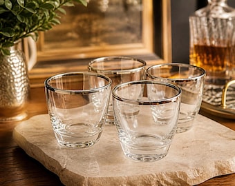 Vintage Silver Rim Lowball Glasses Set of 4 | Mid Century Barware | Rocks Whiskey Tumblers | Clear Glass Cocktail Set