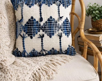 Boho Embroidered Throw Pillow | Blue White Textile Cushion | Global Pattern | Indigo Accent | Farmhouse Decor | 18 Inch Square Pillow