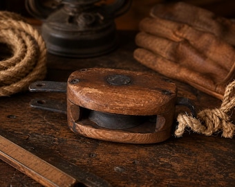 Antique Wooden Pulley Block | Primitive Farm Tool | Rustic Industrial Decor | Early 20th Century Barn Hardware