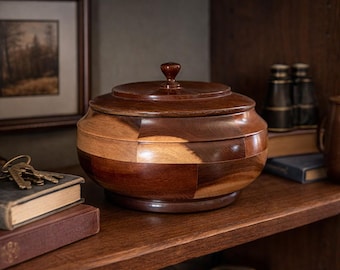 Vintage Wood Lidded Bowl | Segmented Wood Bowl | Mid Century Decor | Round Wooden Trinket Box | Rustic Kitchen Storage