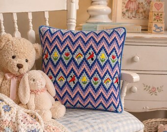 Vintage Bargello Needlepoint Pillow | Cardinal Bird, Rainbow Zig Zag Textile, Folk Art Cushion