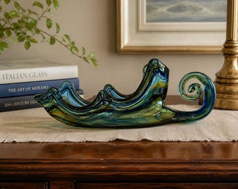 Murano Style Art Glass Centerpiece | Vintage Hand Blown Glass Bowl | Blue Green Swirl Sculpture | Mid Century Modern Decor