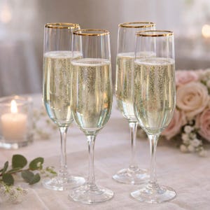May include: Four champagne flutes filled with sparkling wine. Each glass has a gold rim. The glasses are arranged on a white surface, with a lit candle and flowers in the background. The champagne is bubbly.