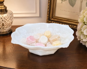 Vintage Anchor Hocking Milk Glass Bowl | Grape Leaf Footed Serveware | White Mid Century Table Decor