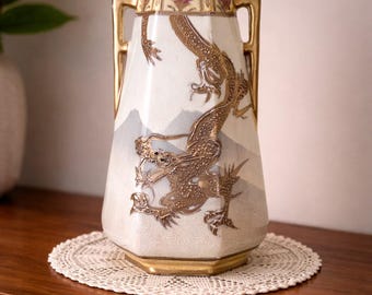 Vintage Japanese Dragon Vase | Made in Japan | Gilt Relief | Crackle Glaze | Asian Motif | 10 Inch Decorative Vessel