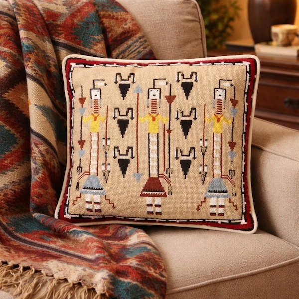 Vintage Southwestern Needlepoint Pillow | Native American Motif Cushion | Hand Stitched Wool | Boho Rustic Decor | 14 Inch Square