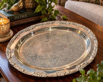 Vintage Silverplate Serving Tray | Large 16 Inch Oval Platter | Ornate Floral Scrollwork | Elegant Table Decor