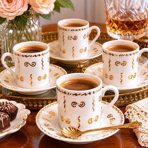 May include: White ceramic coffee cups and saucers with gold decorative accents, filled with coffee. The cups and saucers are arranged on a gold tray, alongside a glass of amber liquid and a vase of pink roses.