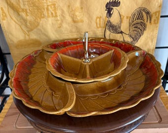 Vintage California Pottery Lazy Susan | Mid Century Modern Serving Set | Harvest Gold & Orange Drip Glaze | Chip Dip Set I Retro Partyware
