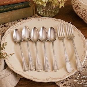 May include: A vintage mixed silverplate flatware set, including spoons and forks, arranged on a cream-colored plate with a decorative rim. The spoons and forks are silver-toned, and the plate is surrounded by antique books and floral arrangements.