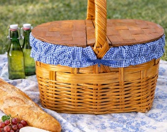 Vintage Picnic Basket Wicker with Lid | Blue Gingham Lined Basket | Farmhouse Outdoor Entertaining | Cottage Decor Storage
