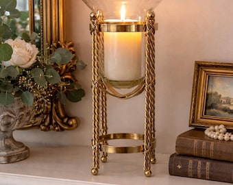 Vintage Brass Hurricane Candle Holder | Twisted Metal Stand | Glass Insert Made in Mexico | Hollywood Regency Decor