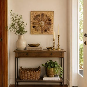 May include: A square wall clock with a speckled beige background and brown feather-like accents arranged in a radial pattern. The clock features gold-colored numbers from one to twelve and gold hands, mounted on a wall above a wooden console table.