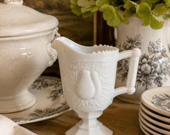 Vintage Baltimore Pear Milk Glass Creamer | White Pedestal Pitcher, Cottage Kitchen Decor