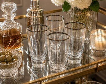 Set of 4 Vintage Silver Rim Highball Glasses | Mid Century Barware Tumblers