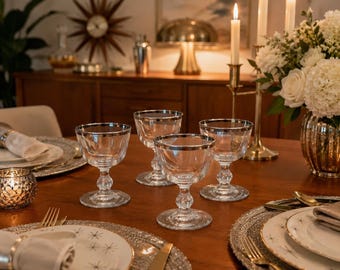Vintage Silver Rim Dessert Glasses Set | Footed Parfait Coupes, Mid Century Barware