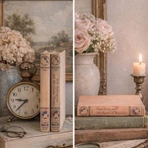 May include: A still life featuring vintage books, a clock, and flowers. Two books are upright, titled "Will Shakespeare and the Globe Theater." Another book is titled "Napoleon and the Battle of Waterloo." A lit candle and a magnifying glass are also present.