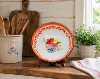 Vintage Yamata Enamel Bowl | Japanese Floral Metal Bowl | Cottage Farmhouse Kitchen Decor | Retro Serving Bowl | Blue Rim
