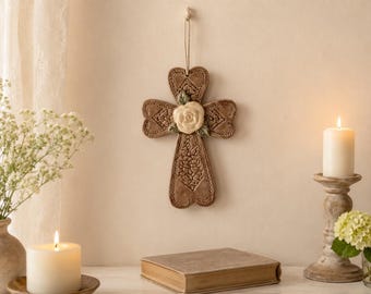 Ceramic Wall Cross | Brown Floral Crucifix | Raised Rose Religious Decor | Handmade Christian Gift