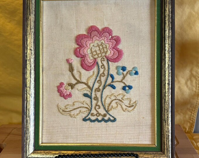 Vintage Crewel Embroidery Framed Art | Floral Crewel Wall Decor | Retro ...