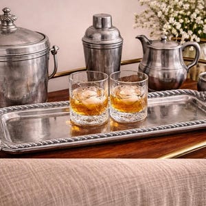 Vintage Pewter Long Serving Tray Rope Handle | Rectangular Coastal Decor Platter | Arthur Court Style | Barware Display Tray