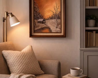 Vintage Landscape Painting | Signed Endicott Art | Mid Century Framed Wall Art | Rustic Farm Scene | Brown Orange Decor | Cabin Artwork
