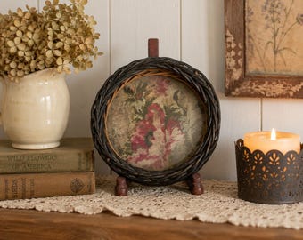 Primitive Folk Art Wall Hanging | Wicker Framed Floral Textile Decor | Cottage Farmhouse Accent | Rustic Basket Plaque