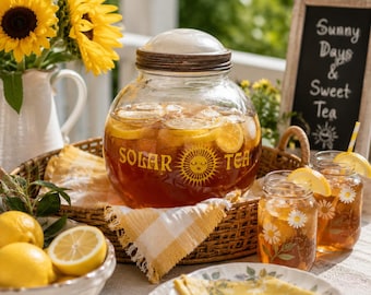 Vintage Solar Tea Jar | 1970s Sun Tea Glass Container | Yellow Sunshine Graphic | Retro Kitchen Decor