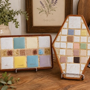 Handmade Ceramic Tile Trivet | Mosaic Wood Trivet | Mid Century Studio Pottery | Artisan Hot Plate | Boho Kitchen Decor