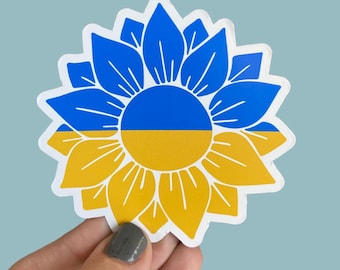 Ukraine flag sunflower, I stand with Ukraine,  with proceeds towards Ukraine Crisis Relief Fund by Global Giving, waterproof vinyl sticker