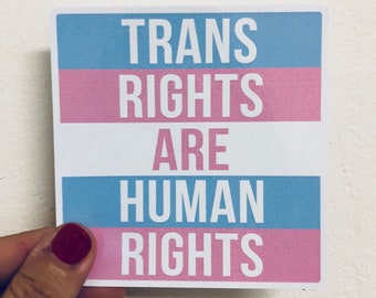 Pode incluir: Um cartão branco com o texto "TRANS RIGHTS ARE HUMAN RIGHTS" em letras pretas. O cartão é dividido em três faixas horizontais: azul claro, rosa e azul claro.