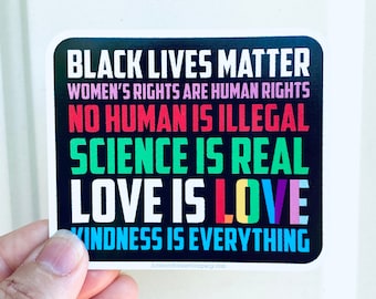 May include: Black Lives Matter, Women's Rights Are Human Rights, No Human Is Illegal, Science Is Real, Love Is Love, Kindness Is Everything. A black and white sticker with colorful text.