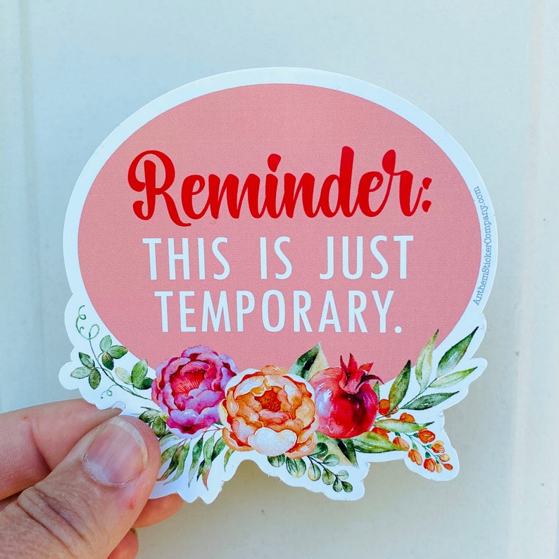 May include: A round sticker with a pink background and the words "Reminder: THIS IS JUST TEMPORARY" in red and white. The sticker is decorated with floral elements in shades of pink, orange, and green.