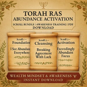 May include: A parchment-style image with the text "TORAH RAS ABUNDANCE ACTIVATION." Three scroll illustrations are labeled "Foundation," "Cleansing," and "Activation." Additional text includes "WEALTH MINDSET & AWARENESS" and "INSTANT DOWNLOAD."