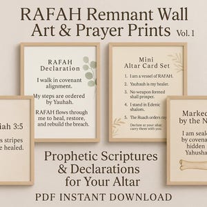 Puede incluir: Cuatro impresiones artísticas enmarcadas con texto, incluyendo "RAFAH Declaration" y "Mini Altar Card Set". Las impresiones son en tonos neutros con acentos botánicos. El texto dice "Prophetic Scriptures & Declarations for Your Altar."