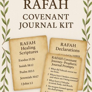 May include: Bundle 2: RAFAH Covenant Journal Kit. The image shows three aged-looking cards with text. One card lists healing scriptures, another lists declarations, and the third has prophetic journal prompts. Green leaf illustrations frame the cards.