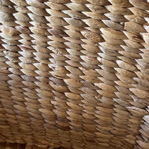 May include: Close-up of a woven basket texture. The basket is made of natural, light brown fibers, tightly woven in a repeating pattern. The texture is rough and organic, suggesting a handmade item.