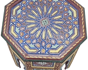 Mesita auxiliar marroquí pintada a mano / Madera maciza, estilo bohemio oriental, para decoración del hogar.