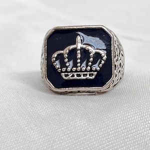 Bague couronne en argent sterling taille 10 pour homme - chevalière royale en émail noir, bijoux de roi vintage, cadeau audacieux