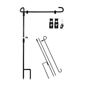 May include: A black metal garden flag stand featuring a vertical pole with a ground stake, a horizontal arm, and two adjustable clips. The set includes additional metal rod segments, two black cord locks, and a small white plastic spring clip.
