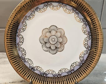 Rudolf Wachter Porcelain Dessert Plate from Kirchenlamitz Germany with Gold Rim and Sunburst Flower