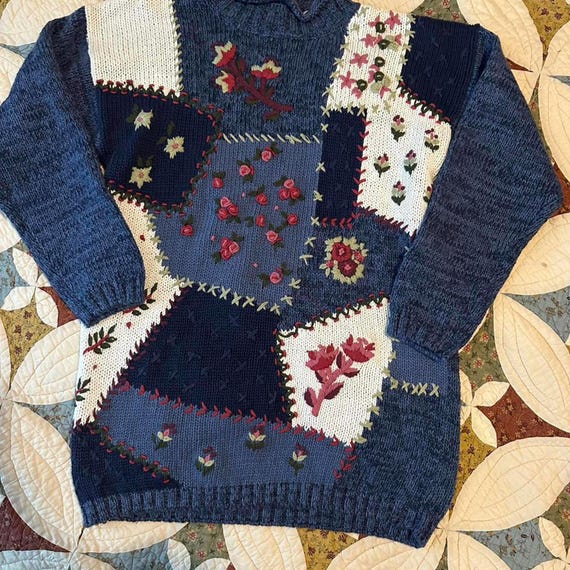 Navy patchwork chunky knit cottagecore grandma sw… - image 1