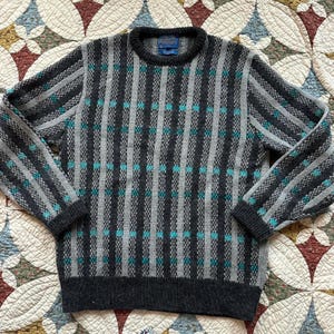 Grey & blue vintage 90s Pendleton 100% wool chunky coastal fisherman sweater image 1